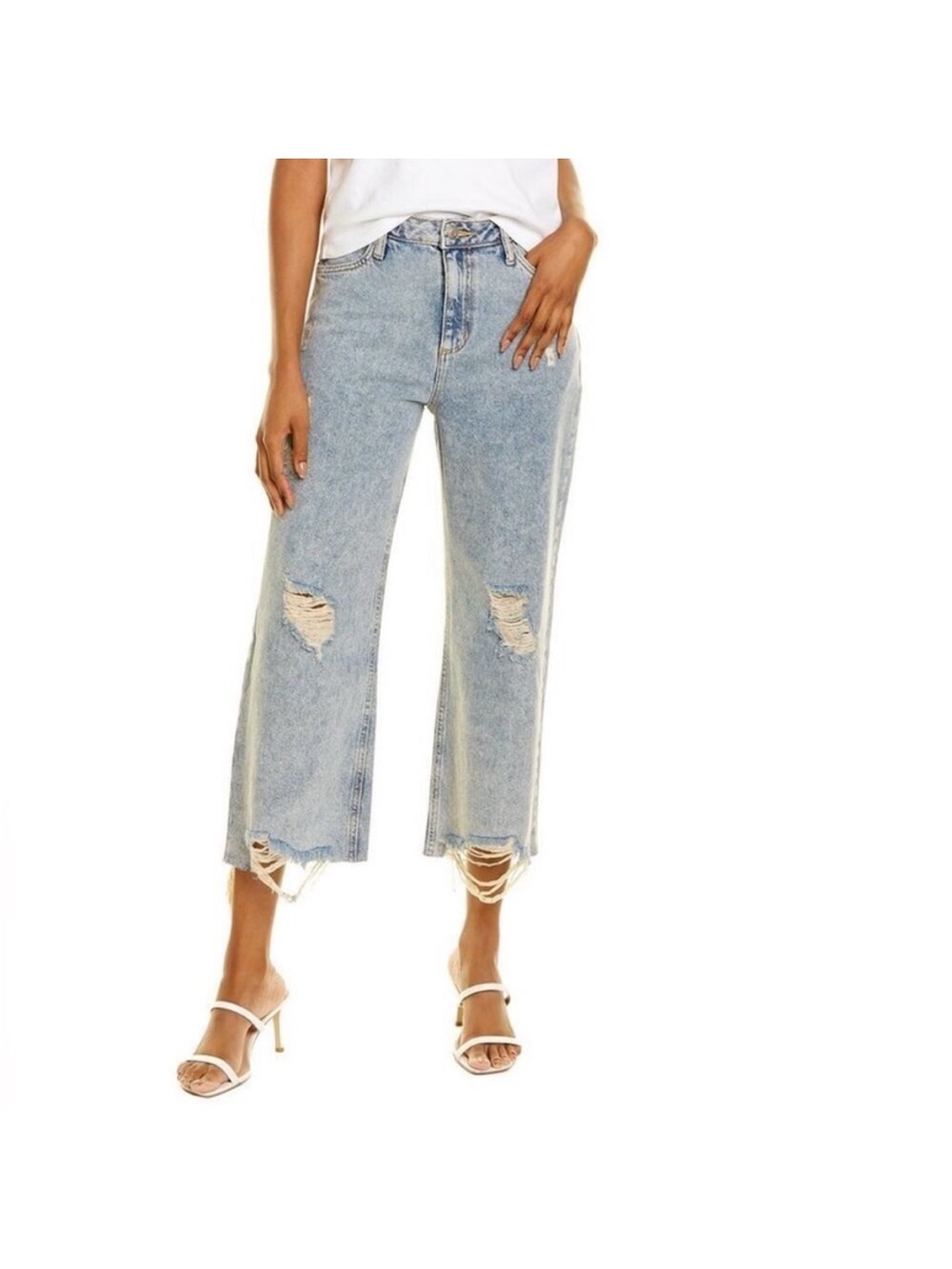 Avec Les Filles Light Blue Distressed Cropped Wide-Leg Jeans